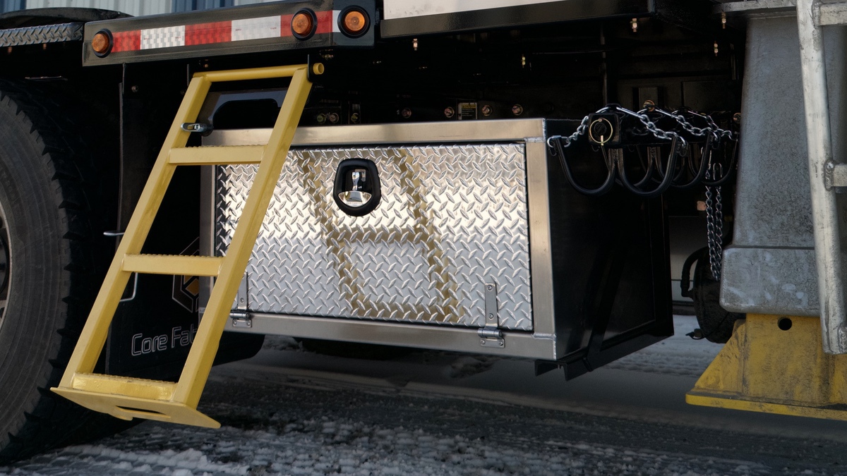 Pull-out steps on work truck built by Core Fabrication